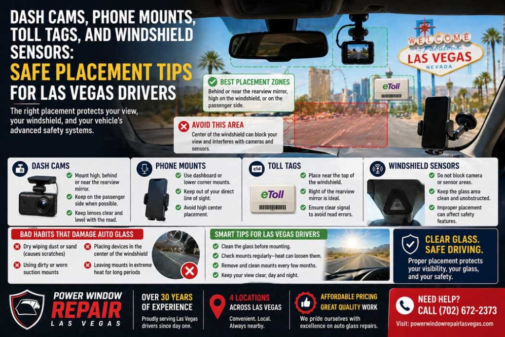 Dash Cams, Phone Mounts, Toll Tags, and Windshield Sensors