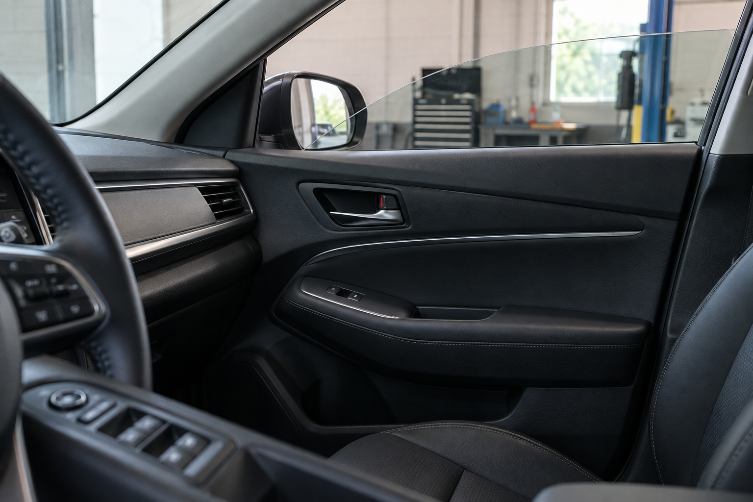 Passenger window switch and driver controls inside a parked car with the side glass partially lowered.